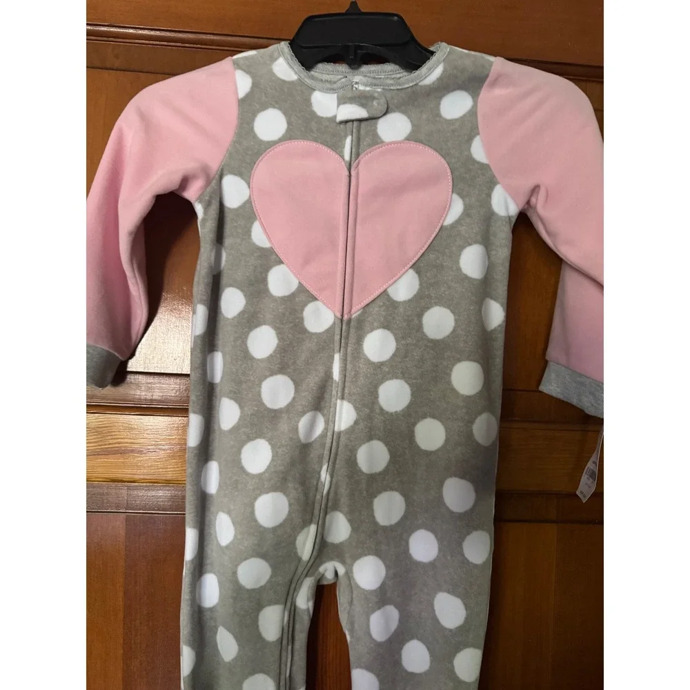 Carters Girls 4T‎ Fleece Footed Pajamas Gray Pink Polka Dot Heart Sleeper NWT